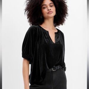 GAP Black Velvet Puff Sleeve Top Blouse Soft Glam Holiday Party Size Small